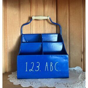 Rae Dunn Blue Metal Organizer Kid Art Caddy Handle Home Office Classroom ABC 123